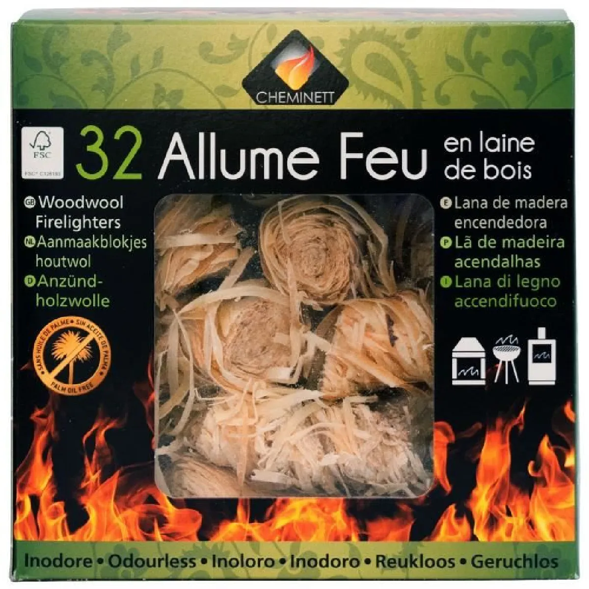 Cheminett Allume Feu - Pelotes Rouleaux Laine De Bois 100% Végétale Fsc - Lot De 32