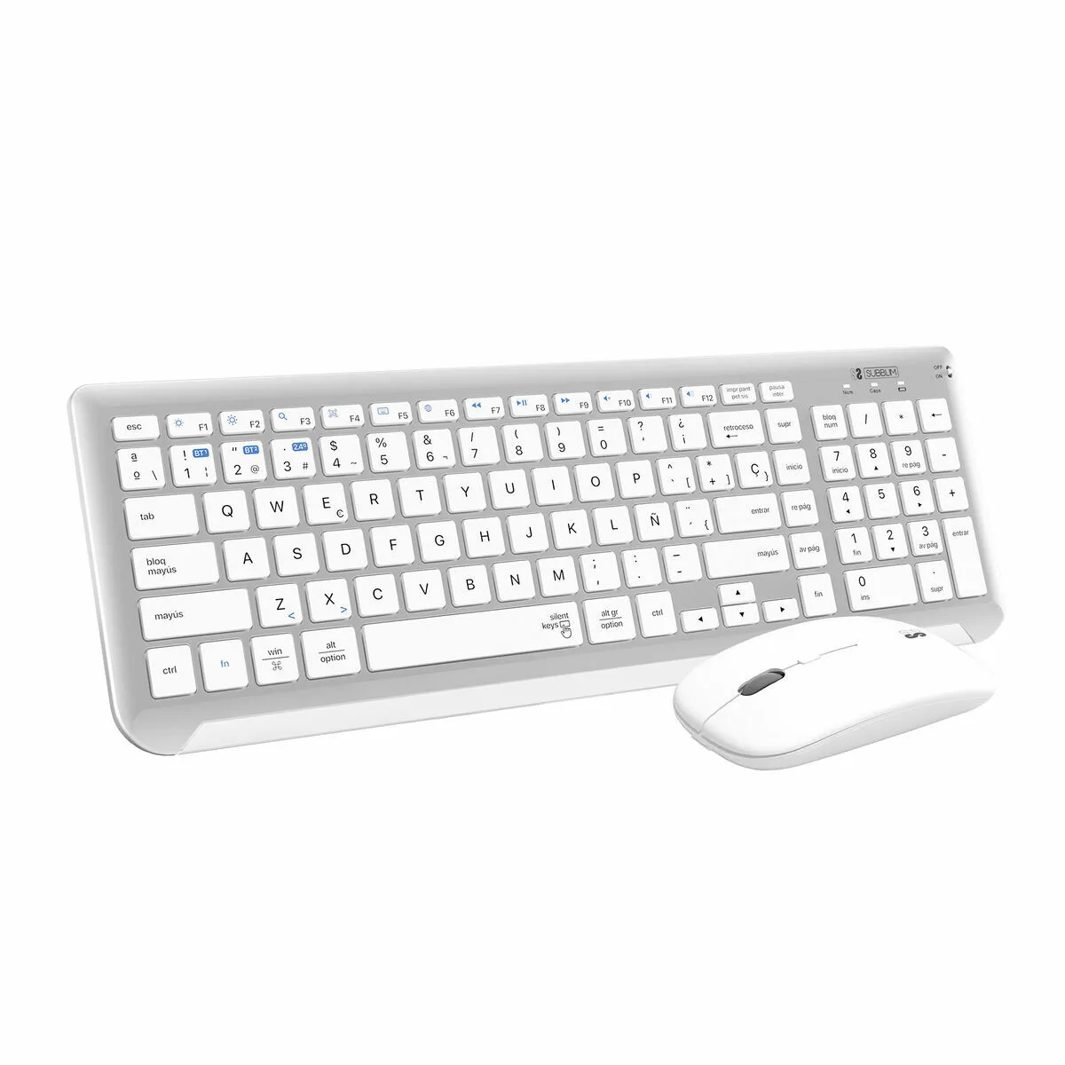 Subblim Subkbc-dcep10 Clavier Souris Incluse Universel Rf Sans Fil + Bluetooth Qwerty Espagnole Argent, Blanc