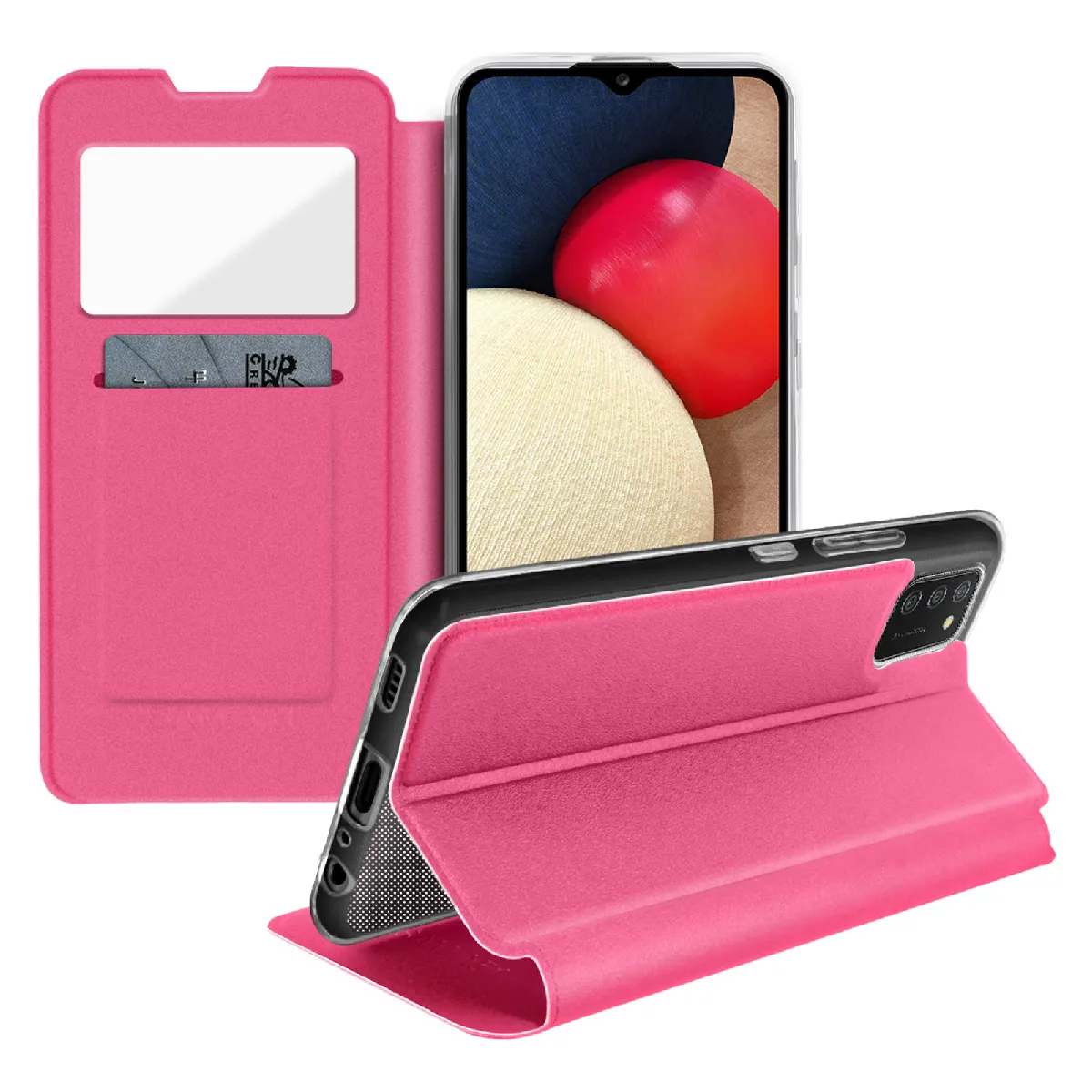 Housse Folio Avizar Galaxy A02s Fenêtre Porte-carte Support Vidéo Rose Simili Cuir