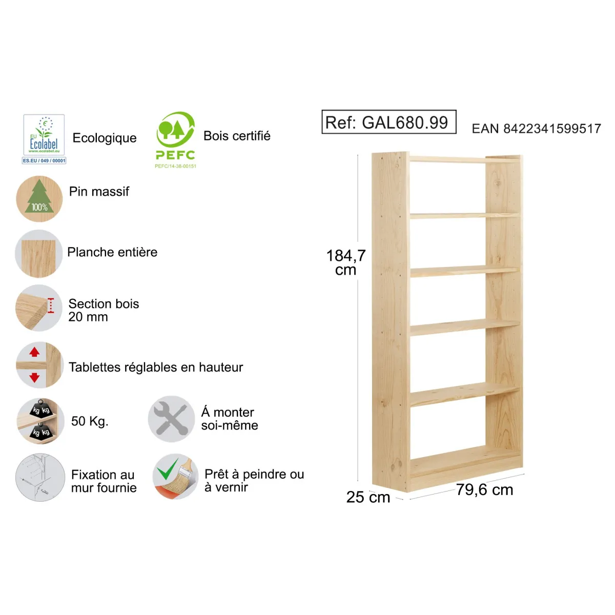 Étagère Gala 1850x800x250 Mm 6 Tablettes