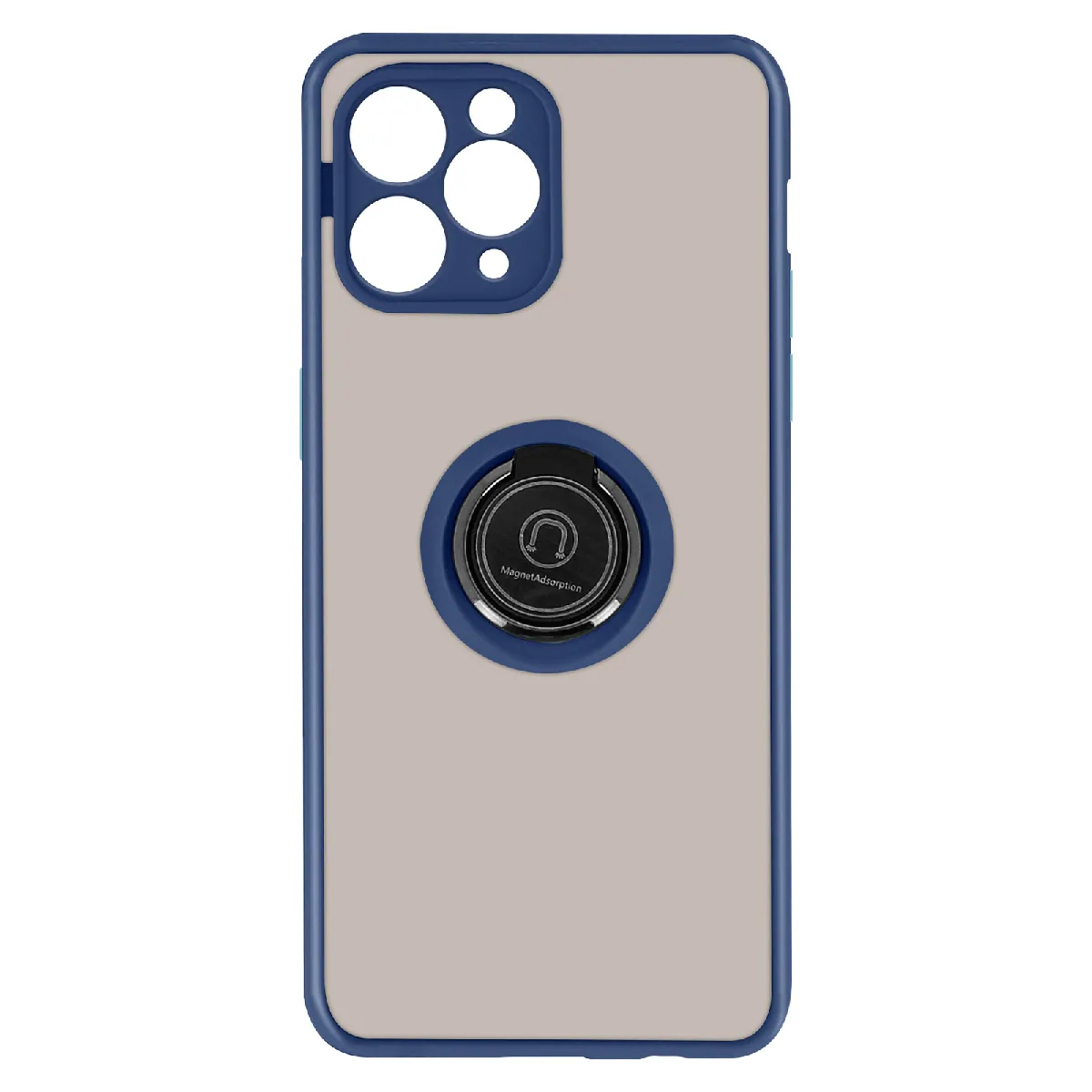Coque Pour Iphone 11 Pro Max Bi-matière Bague Métallique Support Bleu Nuit
