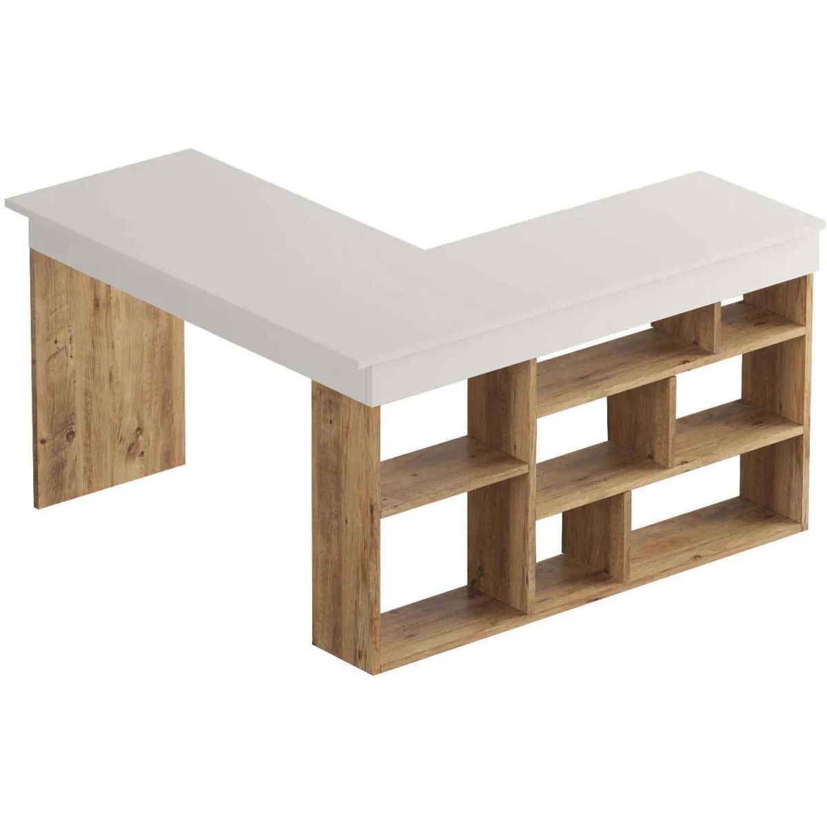 Bureau d'angle avec rangements - Coloris: Blanc et naturel - LILEUL
