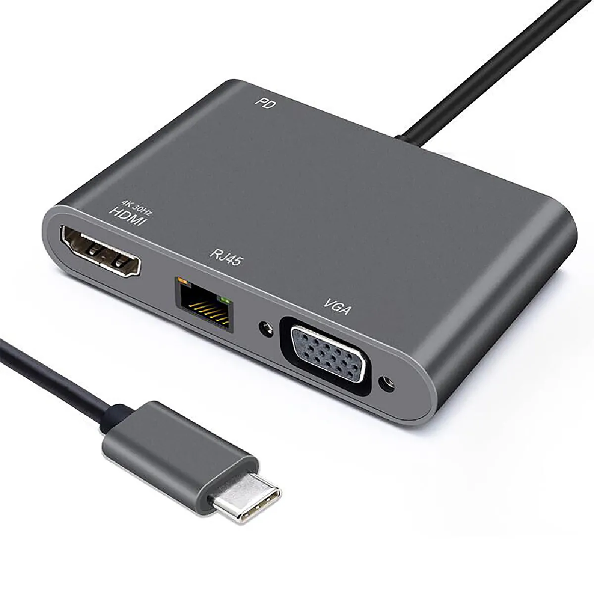 Adaptateur USB C HEDEN USB C male / HDMI F+VGA F+RJ45 HDMI 40/30HZ, VGA 1920*1080P RJ45 1000Mbps, Gamme sachet - Neuf