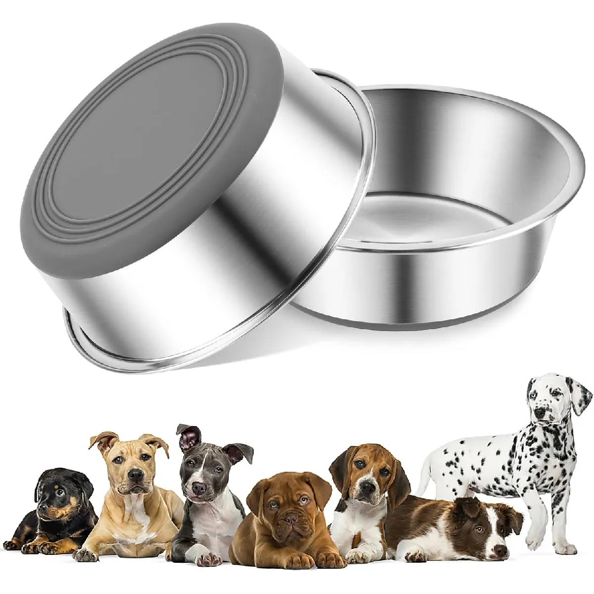 Lot De 2 Gamelles Antidérapantes De 480 Ml En Acier Inoxydable Pour Chien Et Chat Gris