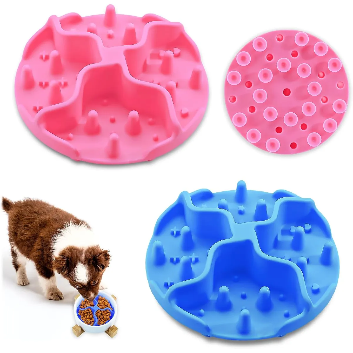 Lot De 2 Gamelles À Alimentation Lente En Silicone Souple Pour Chien Rose Bleu