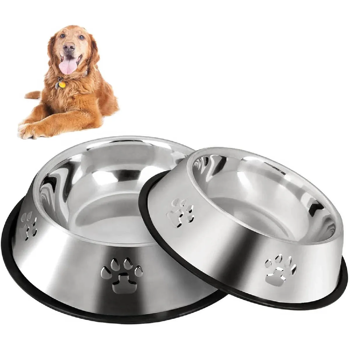 2 Gamelles En Acier Inoxydable Pour Chien Avec Base En Caoutchouc Antidérapant Gris
