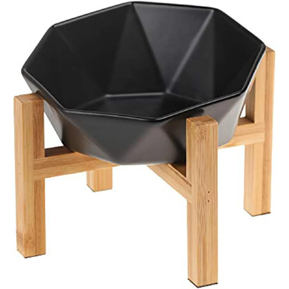 Gamelle Incliné Noir Pour Chien Et Chat Céramique Avec Support En Bambou