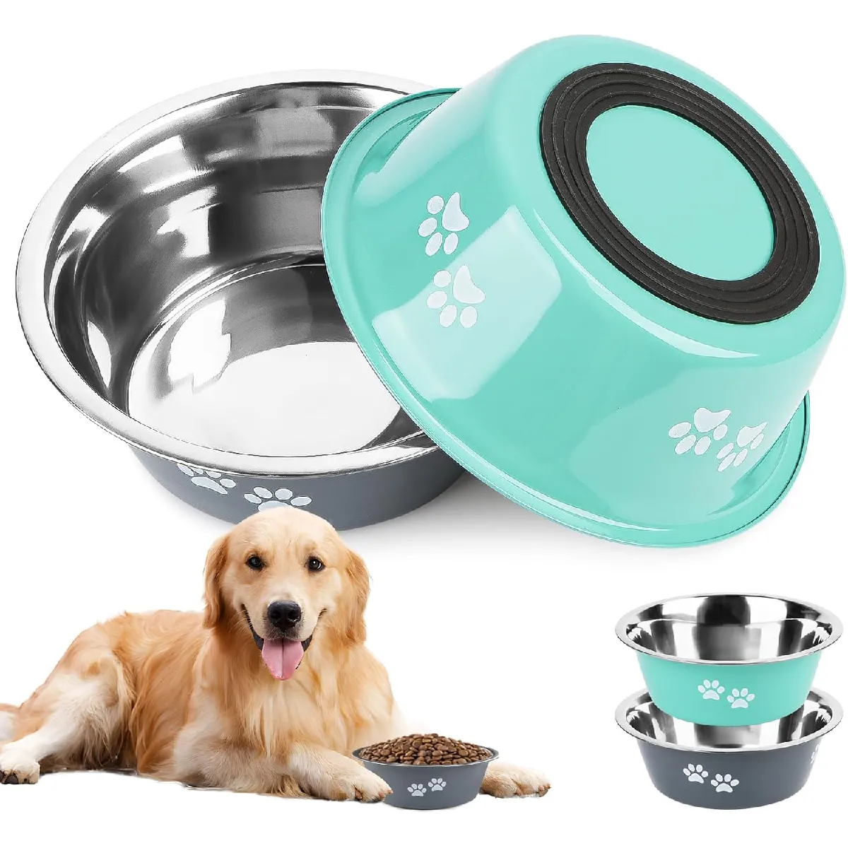 Lot De 2 Gamelles Pour Chien En Acier Inoxydable Avec Fond En Silicone Antidérapant En Acier Inoxydable Gris