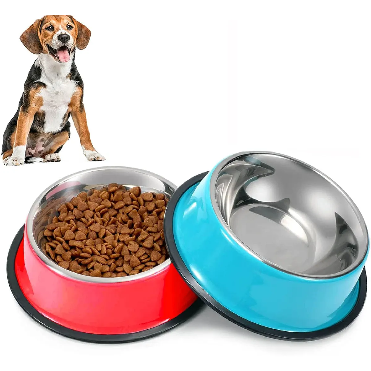 Lot De 2 Gamelles Pour Chien En Acier Inoxydable Bleu Rouge
