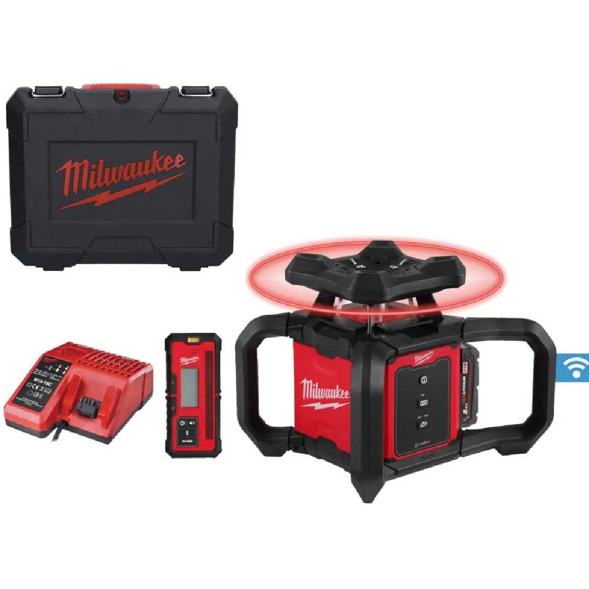 Laser rotatif 18 V M18 M18 RLOH600-201C One-Key rouge horizontale 600 m + 1 batterie 2 Ah + chargeur en coffret MILWAUKEE 4933493191