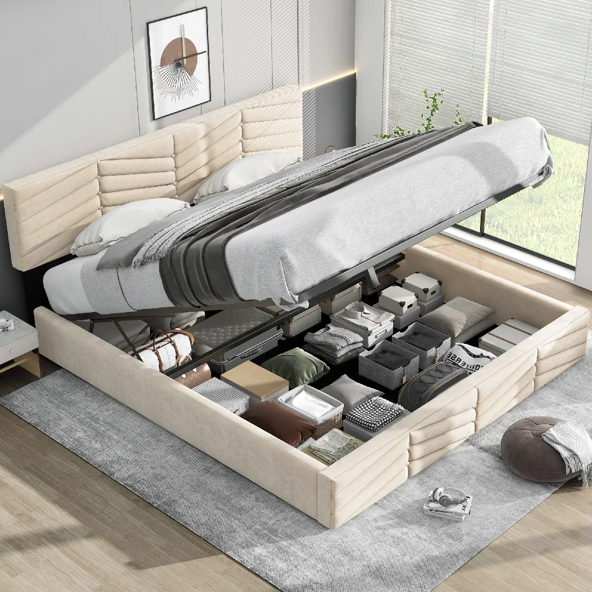 Lit coffre 90x200 cm - Lit simple capitonné avec sommier métallique - Bois massif + Métal - avec Matelas - Gris clair