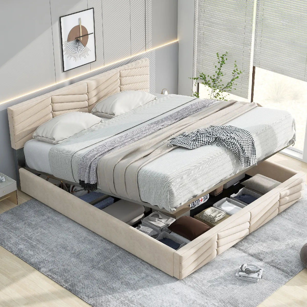 Lit coffre 140x200 cm - Lit double capitonné avec tête de lit et sommier métallique - Bois massif + Métal - avec Matelas - Gris