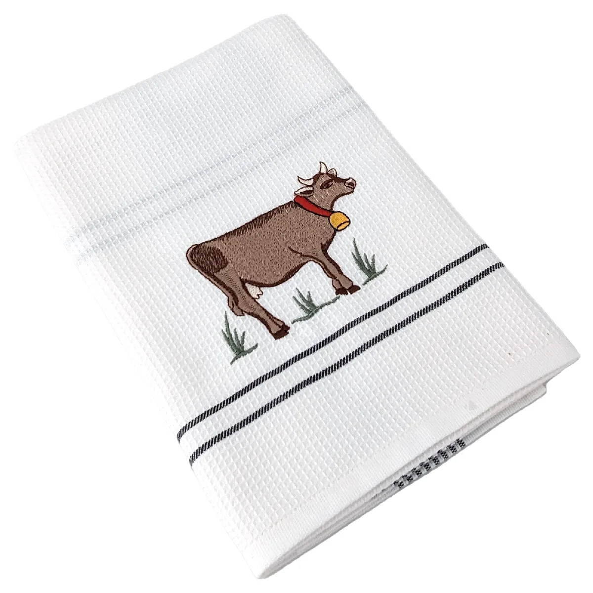 Torchon De Cuisine 50x70 Cm Waffle Brodé Coton Gris Broderie Vache