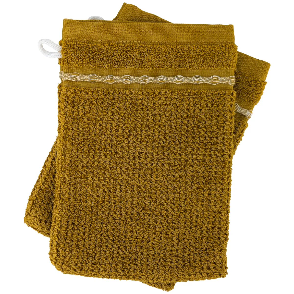 Lot De 2 Gants De Toilette 16x21cm Pur Coton Intense À Bordures Blanches Couleur Ocr