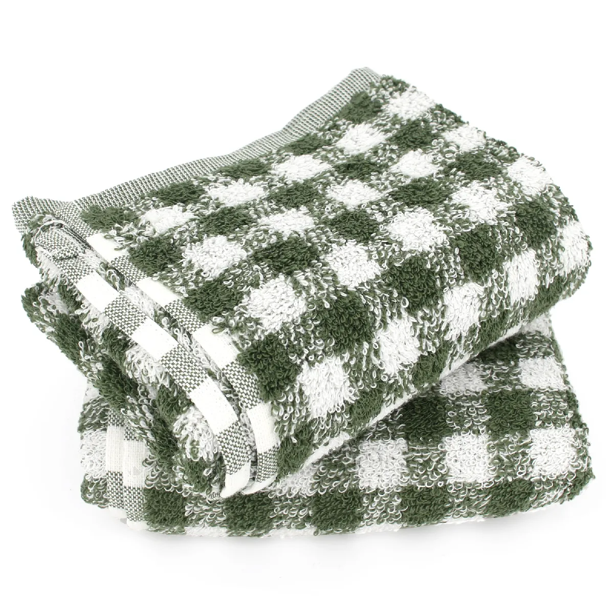 Lot De 2 Torchons De Cuisine Éponge 50x50 Cm Squares Vichy Vert Kaki