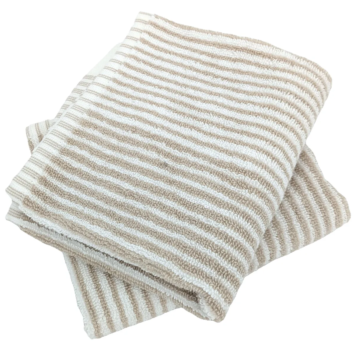 Lot De Deux Serviettes Invité 33x50 Cm Pur Coton Collection Horizon Rayures Beige