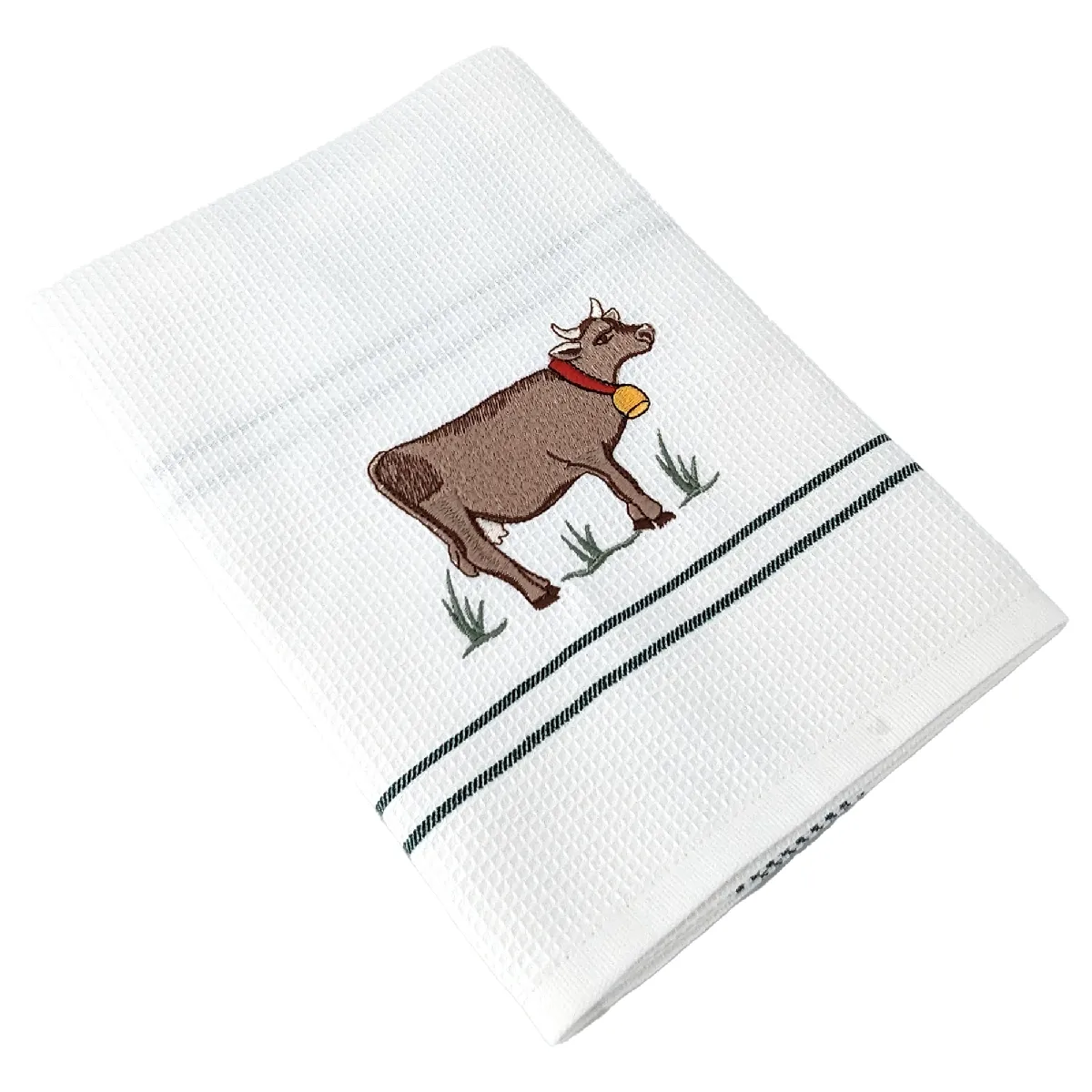 Torchon De Cuisine 50x70 Cm Waffle Brodé Coton Vert Broderie Vache