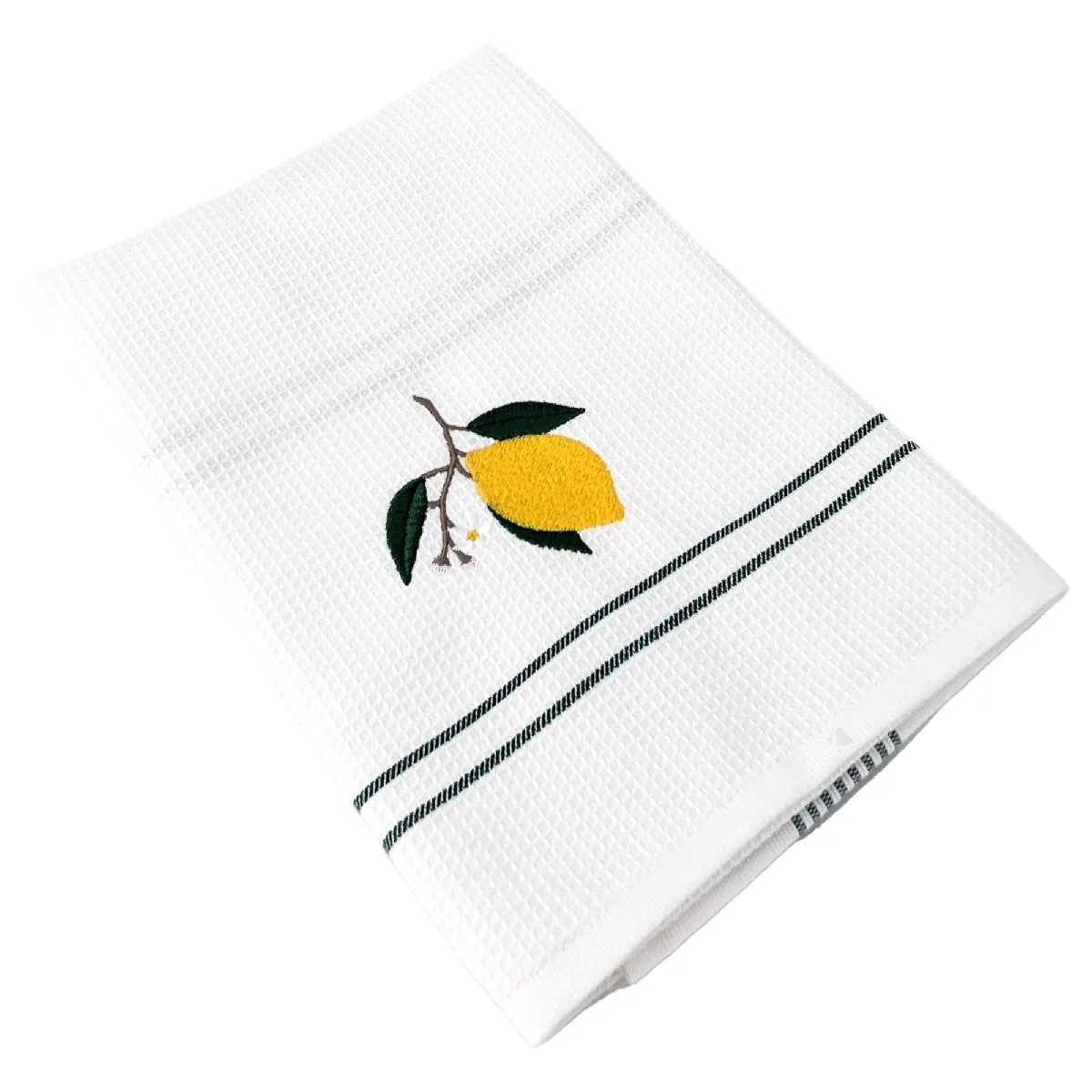 Torchon De Cuisine 50x70 Cm Waffle Brodé Coton Vert Broderie Citron