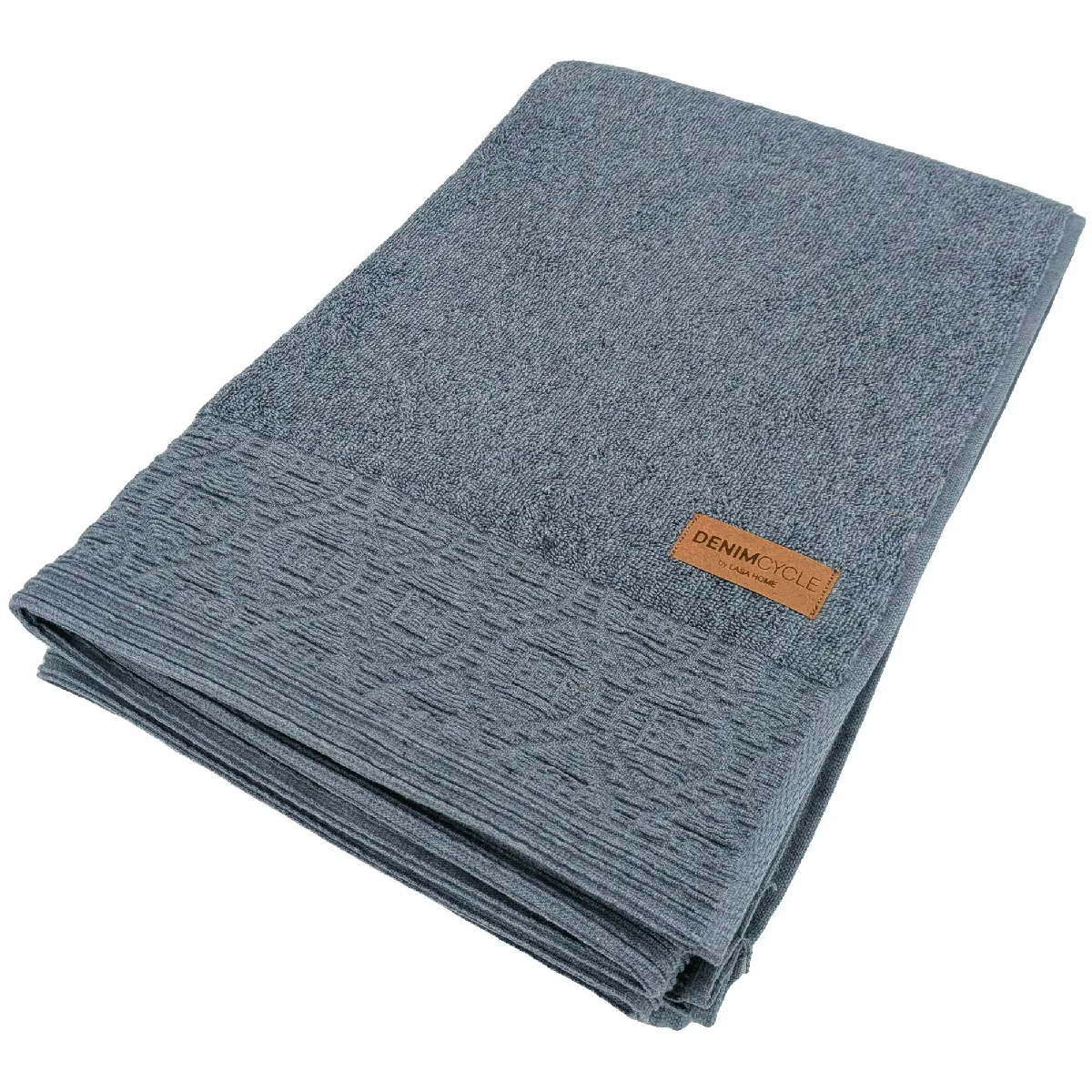 Drap De Bain Pur Coton 100x150cm Denim À Bordure Géométrique Bleu
