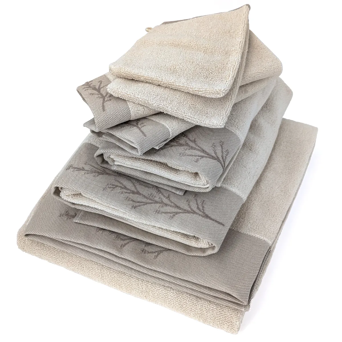 Parure De Bain Absorbante Coton Feuille Beige 7 Pièces