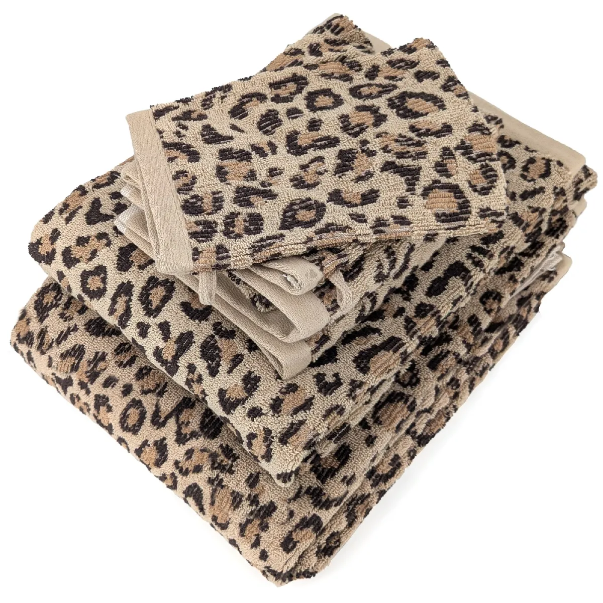 Parure De Bain Pur Coton 5 Pièces Collection Leopard Beige Léopard