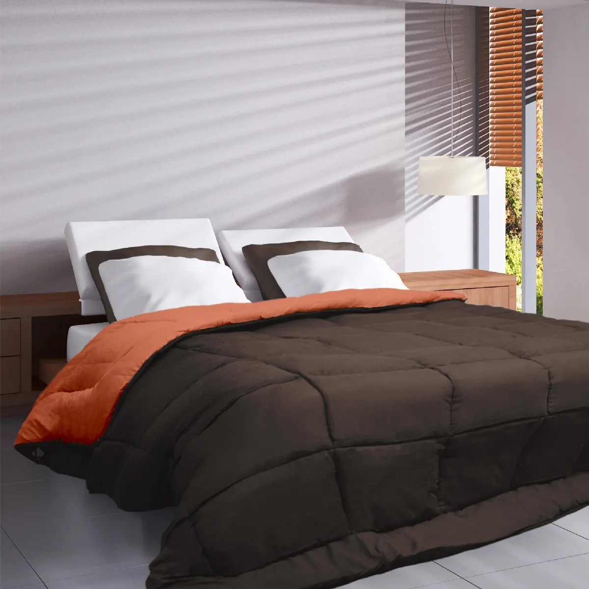 Couette Hiver 240x220 Cm Cocoon Bicolore Chocolat/corail Garnissage Fibre Polyester