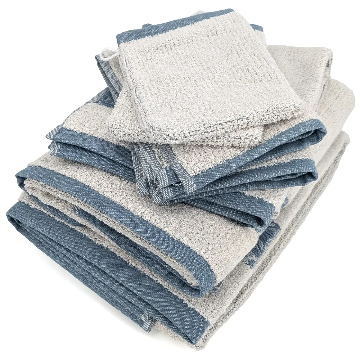 Parure De Bain 7 Pièces Folium En Coton 520 G/m² Bleu Cérulé
