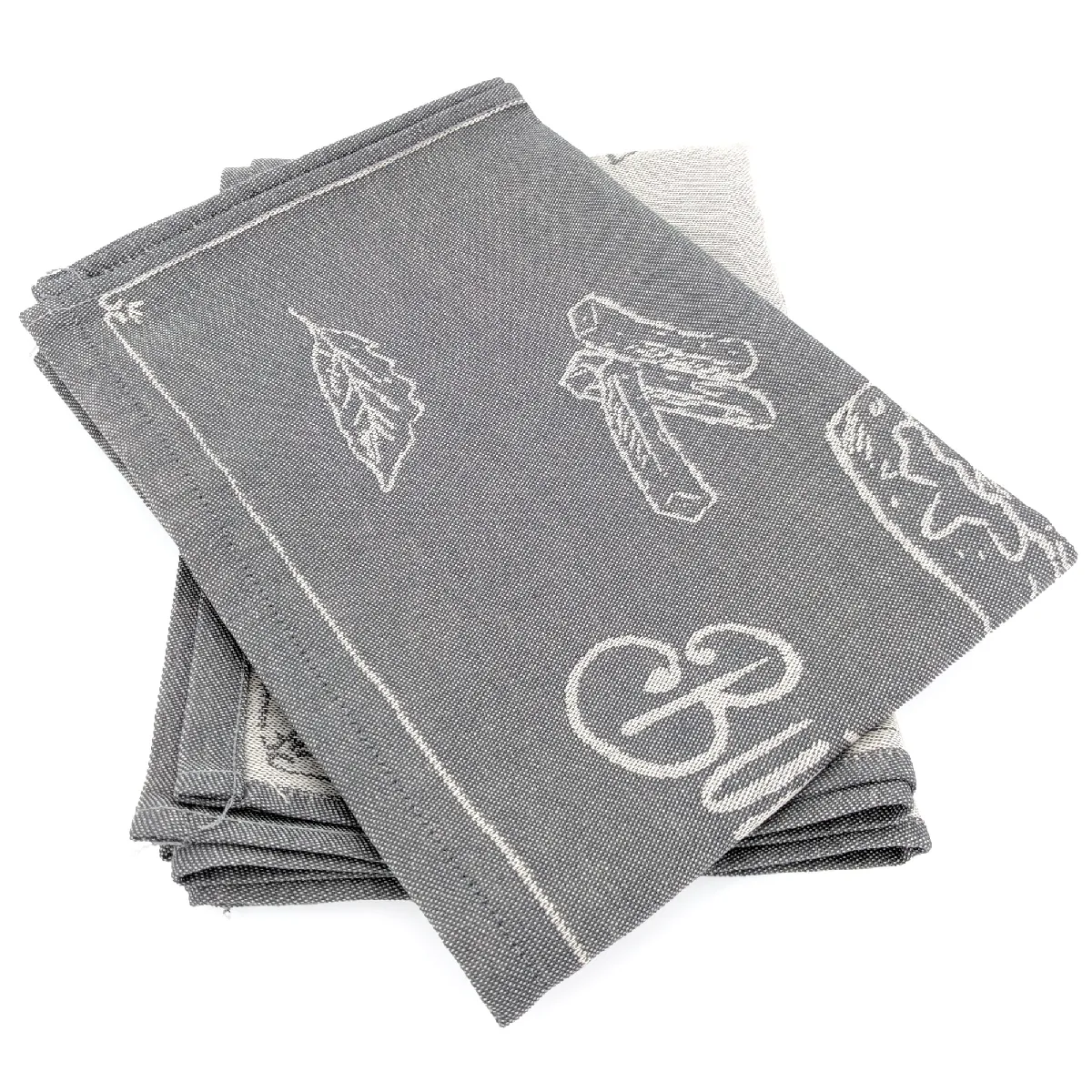 Lot De 2 Torchons De Cuisine Pur Coton 50x70 Cm Collection Burger Gris