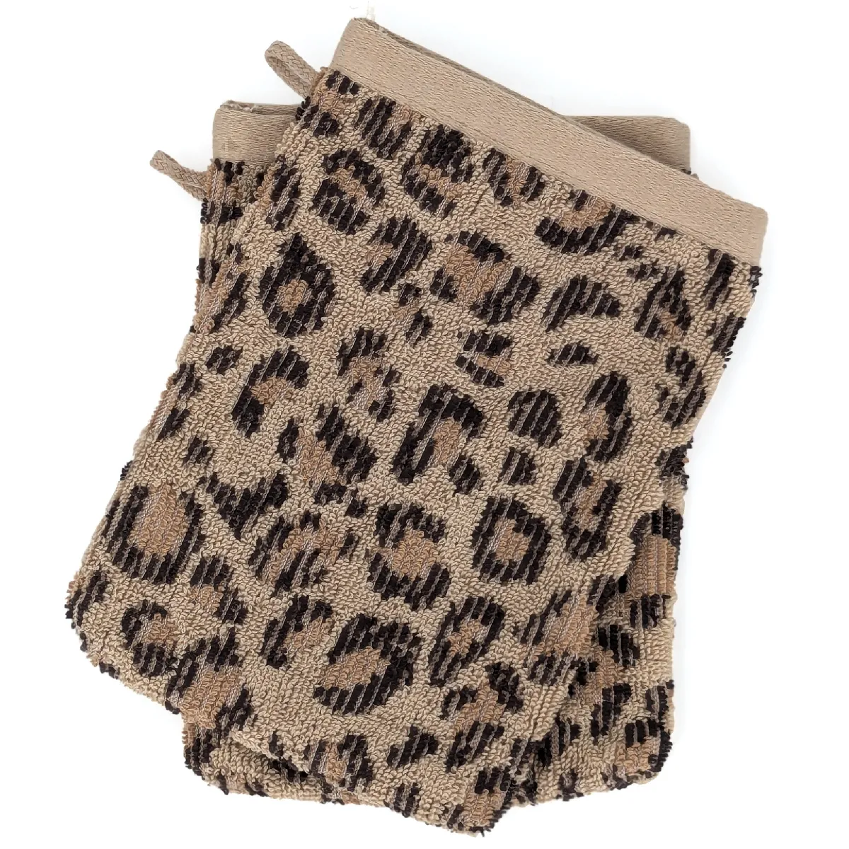 Lot De Deux Gants De Toilette 16x21 Cm Pur Coton Collection Leopard Beige