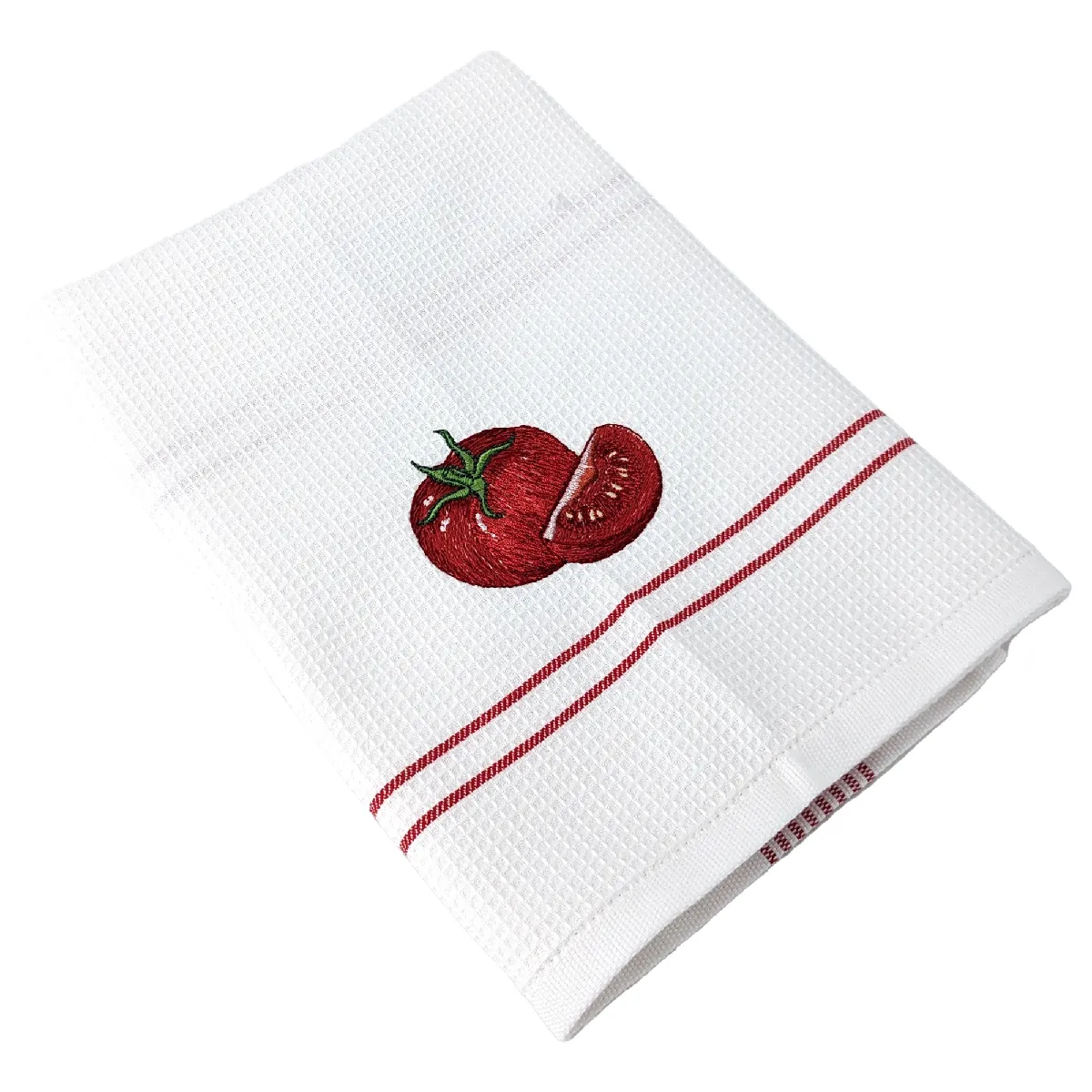 Torchon De Cuisine 50x70 Cm Waffle Brodé Coton Rouge Broderie Tomate
