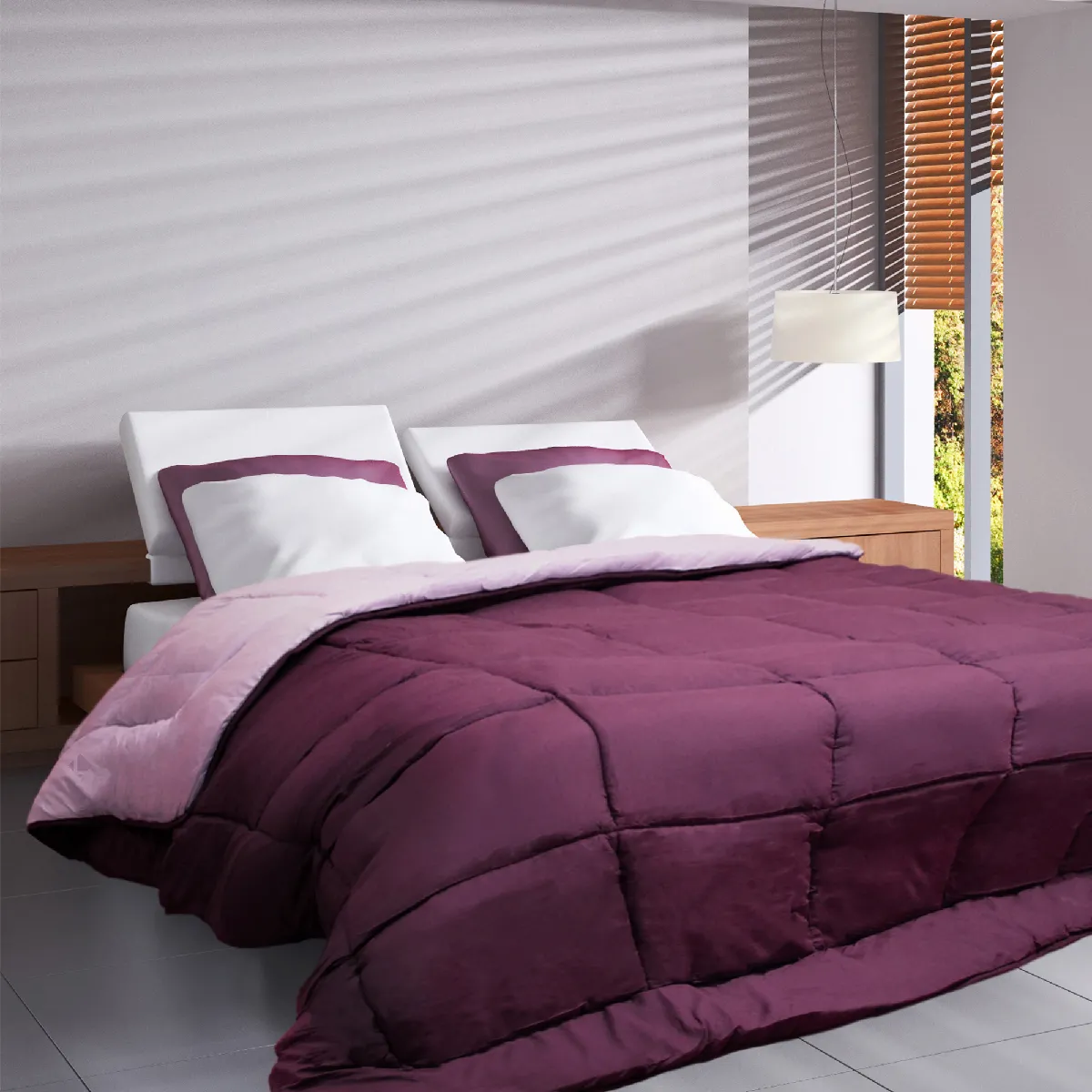 Couette Hiver 260x240 Cm Cocoon Bicolore Prune/parme Garnissage Fibre Polyester 400g