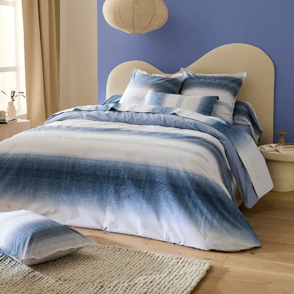 Parure De Lit 200x200 Cm 50x70cm Percale Esteban Bleu 3 Pièces