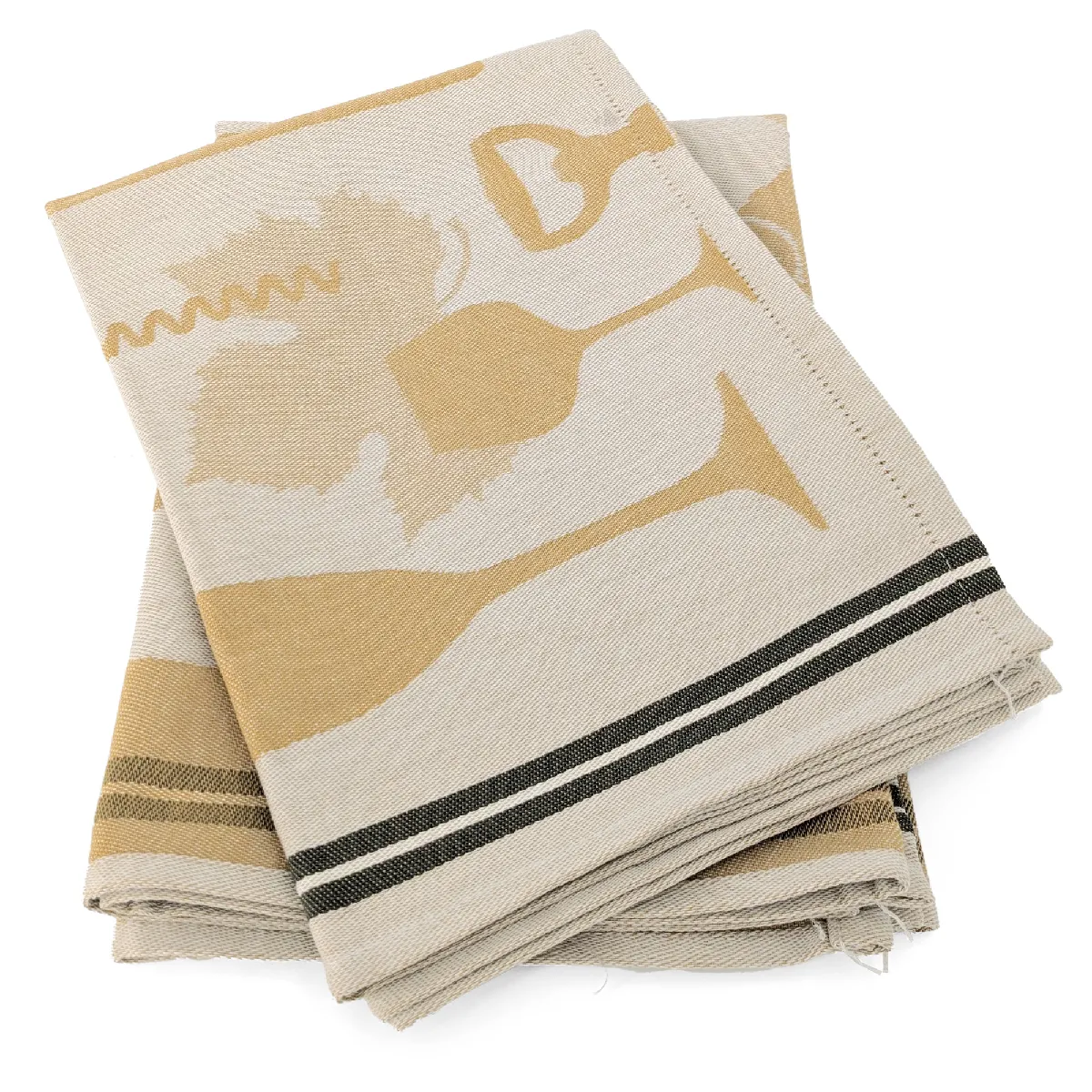 Lot De 2 Torchons De Cuisine Pur Coton 50x70 Cm Vitis Motif Viticole Jaune