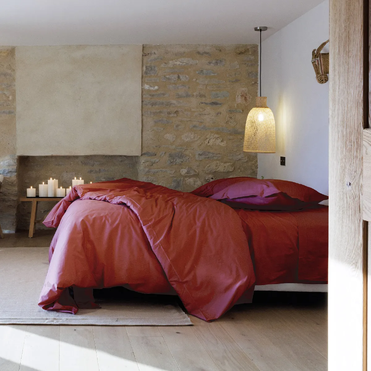 Parure De Lit 200x200 Cm Set 65x65 Cm Percale Manoir Rose Pêche