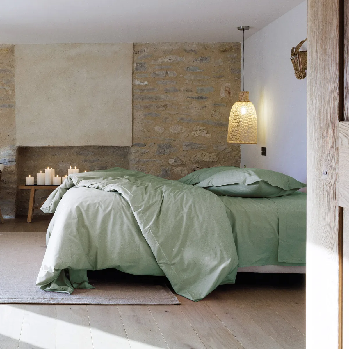 Parure De Lit 200x200 Cm Set 65x65 Cm Percale Manoir Vert Lichen