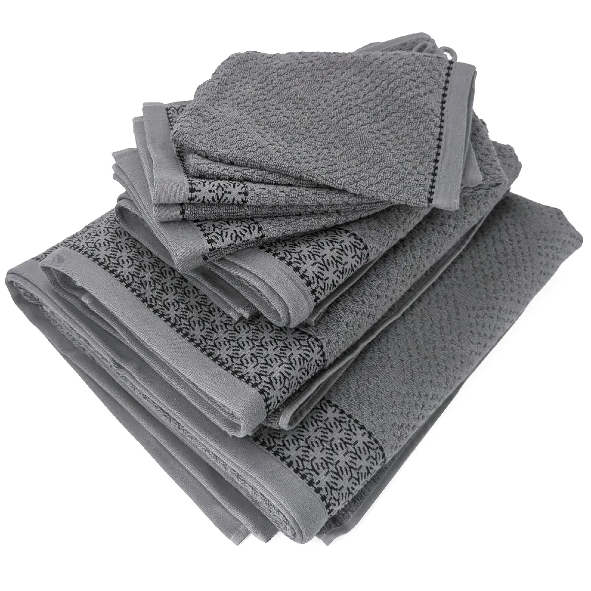 Parure De Bain 7 Pièces Collection Osaka Motif Fleurs Pur Coton Gris