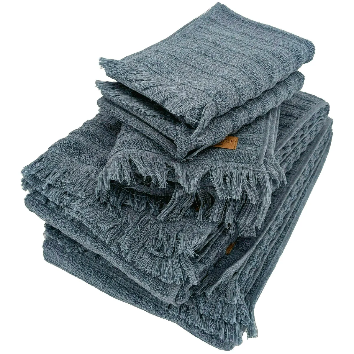 Parure De Bain 5 Pièces Collection Denim Motif Rayures Pur Coton Bleu