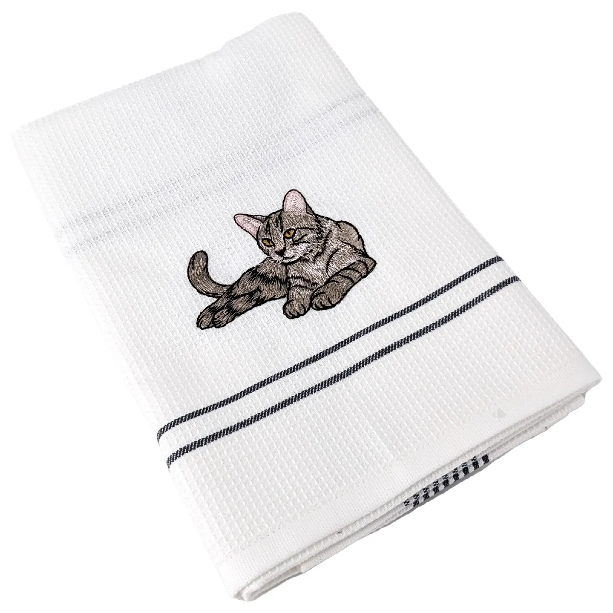 Torchon De Cuisine 50x70 Cm Waffle Brodé Coton Gris Broderie Chat