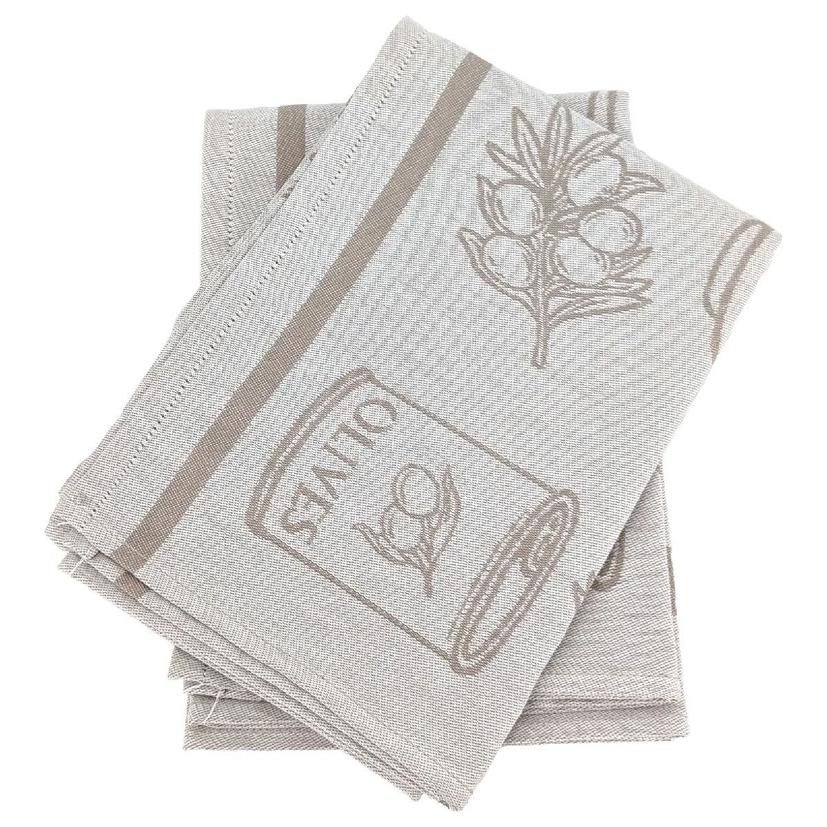 Lot De 2 Torchons De Cuisine Pur Coton 50x70 Cm Evoo Motif Olives Beige