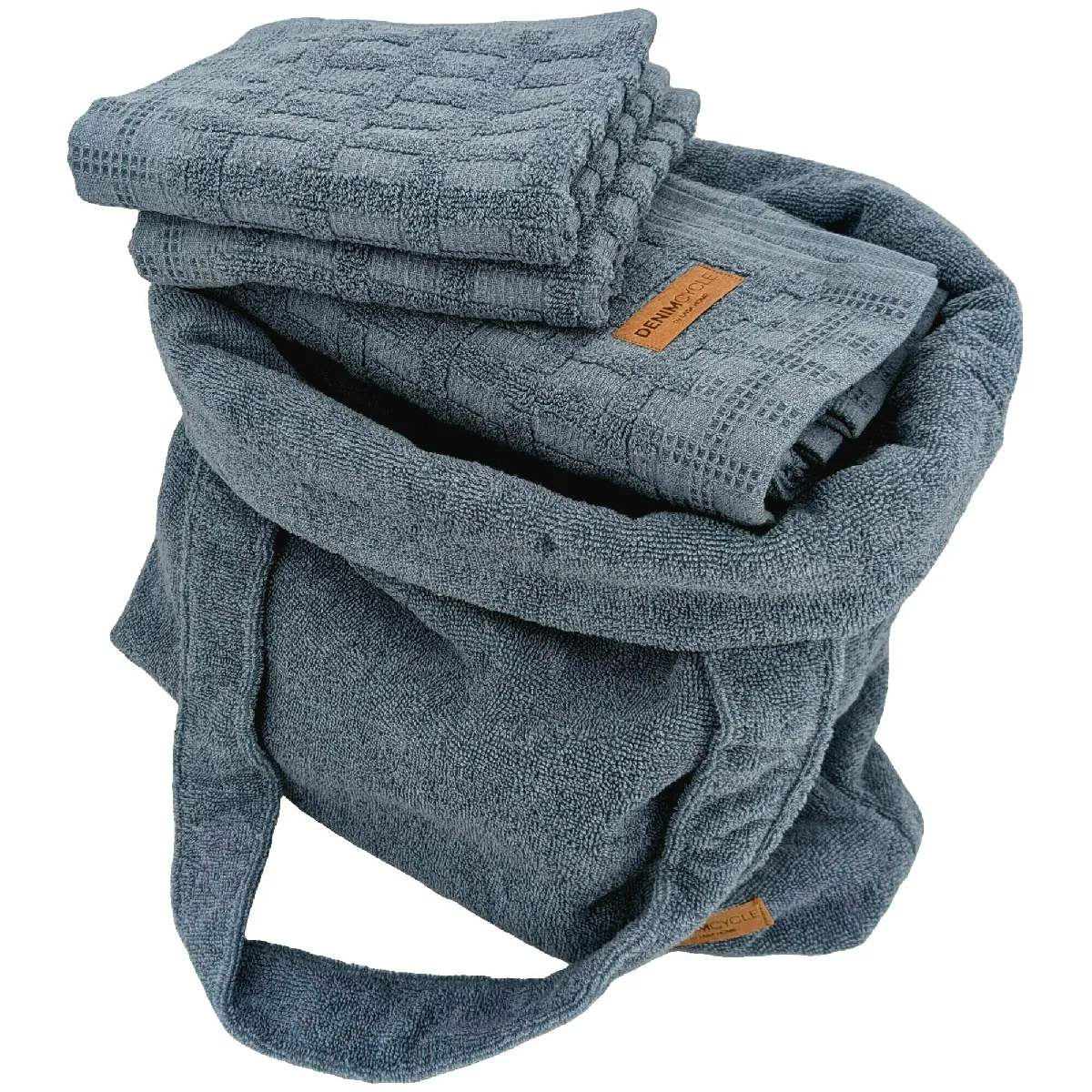 Parure De Bain Gaufré 6 Pièces Collection Denim Pur Coton Bleu