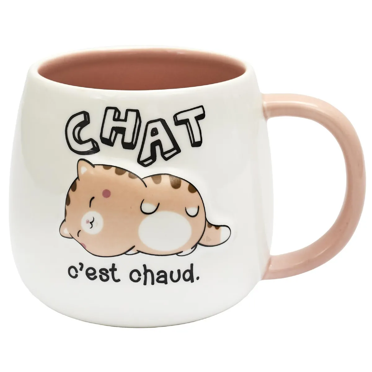 Mug En Céramique À Relief Breakfast 40 Cl Modèle "chat C'est Chaud" Marron