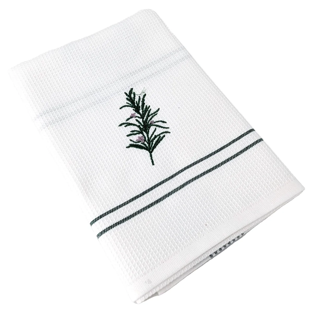 Torchon De Cuisine 50x70 Cm Waffle Brodé Coton Vert Broderie Romarin