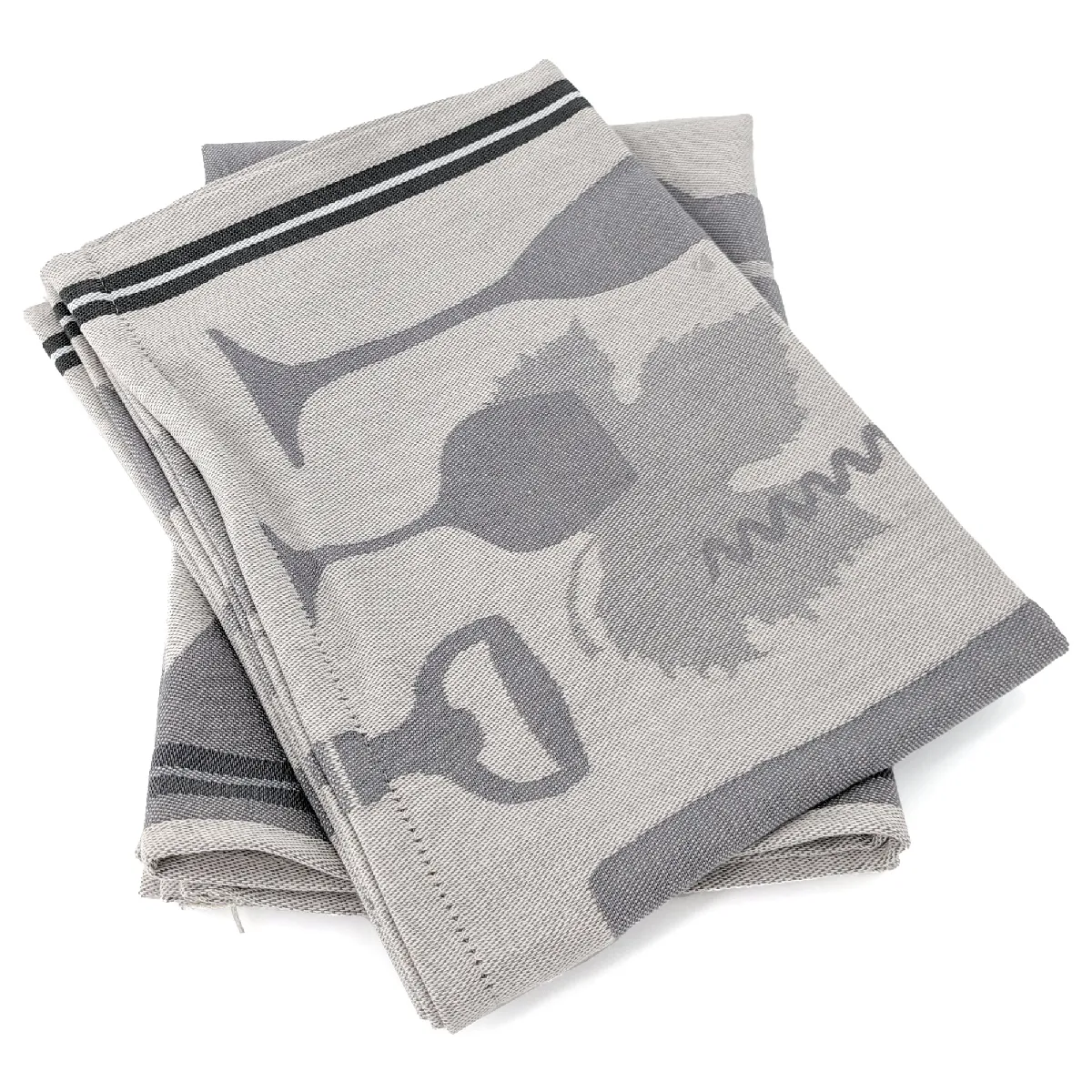 Lot De 2 Torchons De Cuisine Pur Coton 50x70 Cm Vitis Motif Viticole Gris