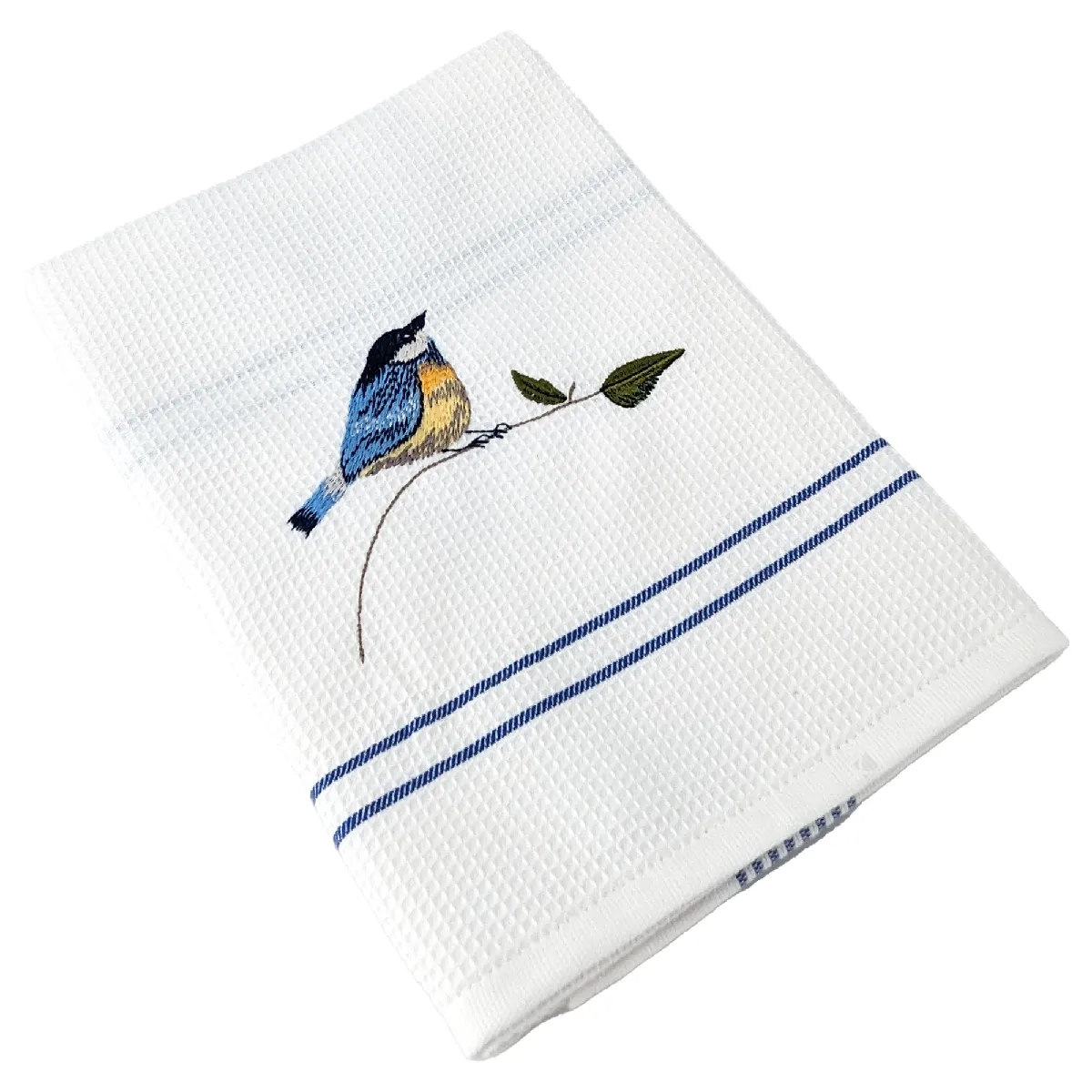 Torchon De Cuisine 50x70 Cm Waffle Brodé Coton Bleu Broderie Oiseaux