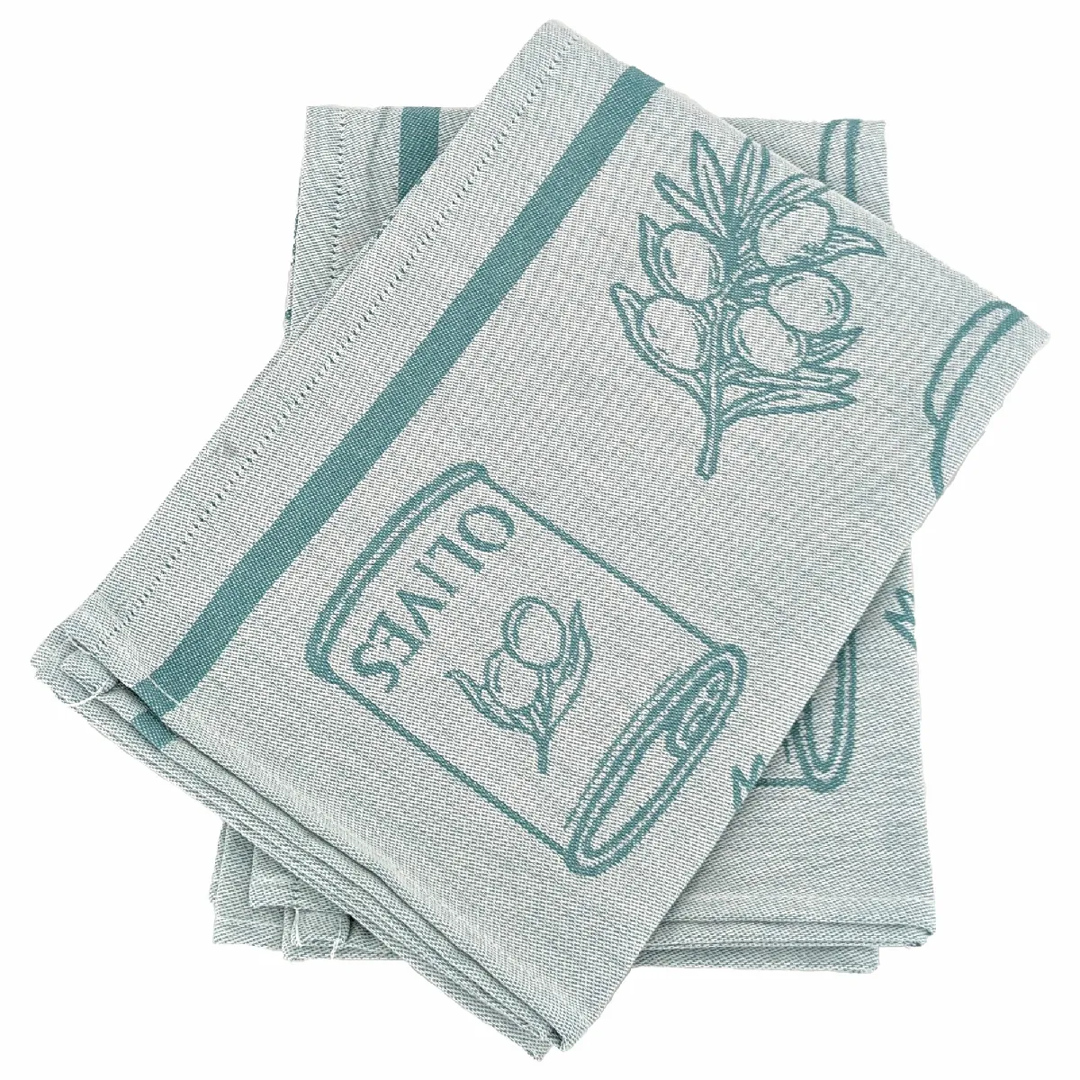 Lot De 2 Torchons De Cuisine Pur Coton 50x70 Cm Evoo Motif Olives Vert