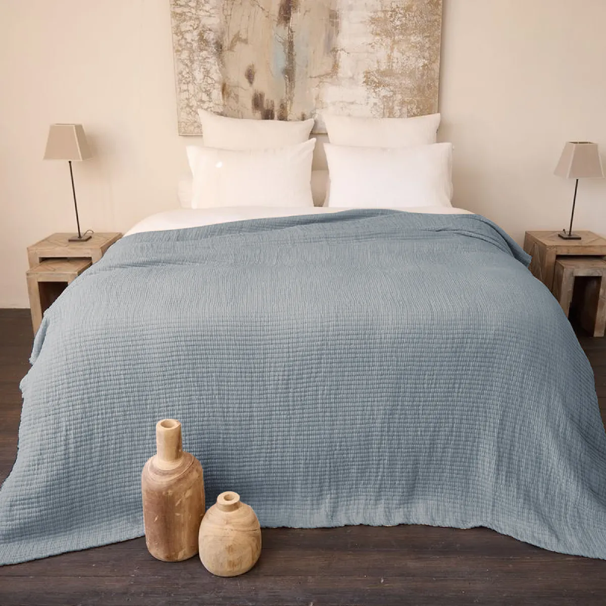 Dessus De Lit 270x250 Cm En Coton Lavé Seville Bleu Abysse