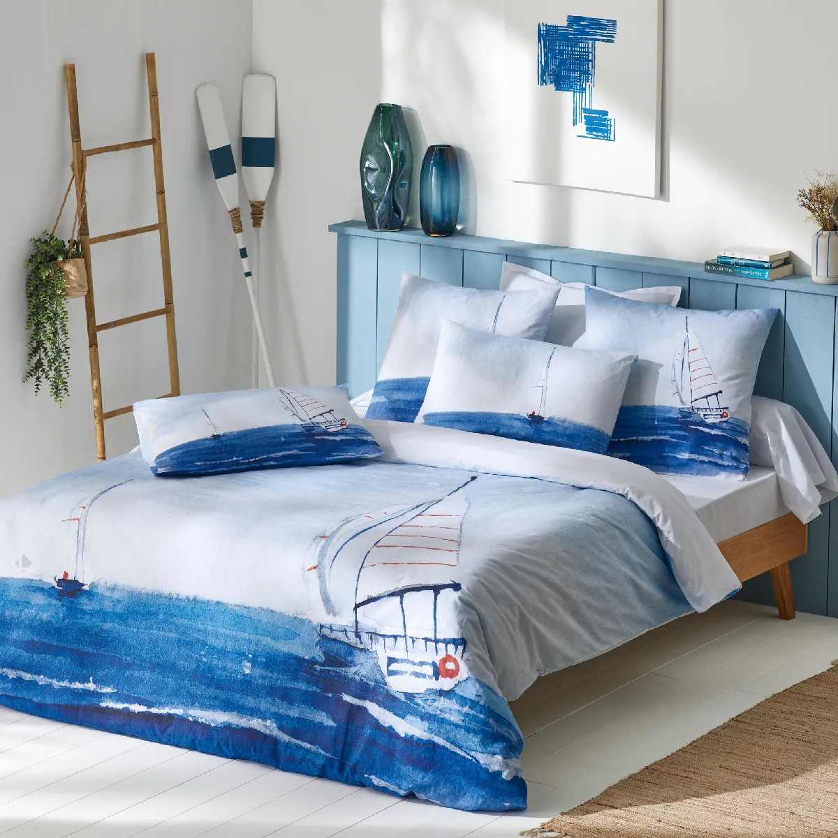 Parure De Lit 240x220 Cm 50x70 Cm Percale Regate Bleu 3 Pièces