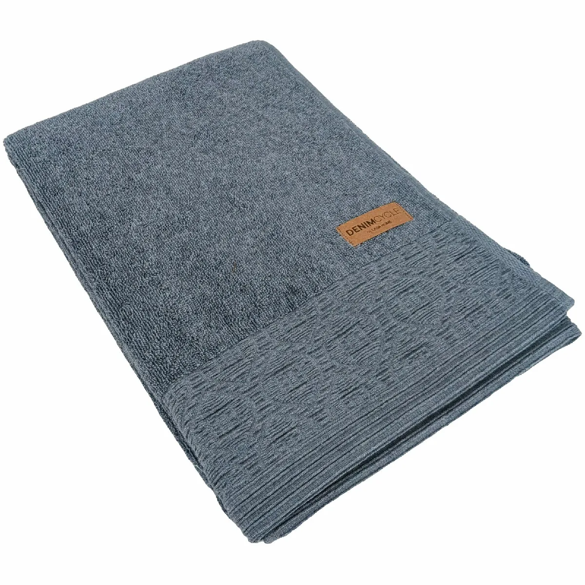 Drap De Douche Pur Coton 70x140cm Denim À Bordure Géométrique Bleu