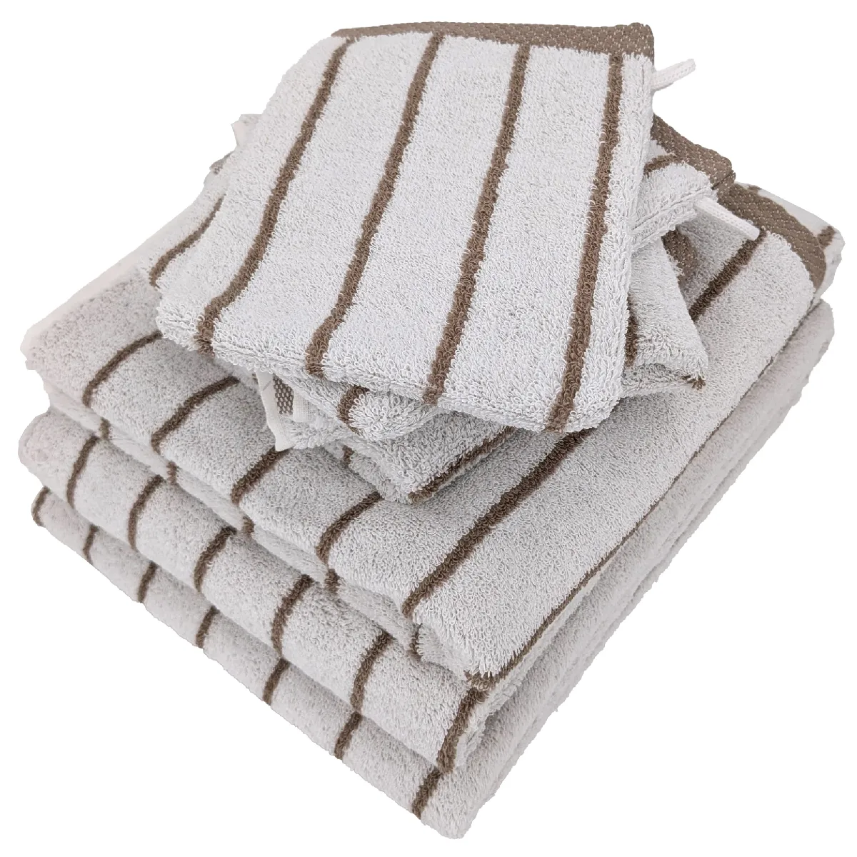Parure De Bain 7 Pièces Collection Pure Light Motif Rayures Pur Coton Marron