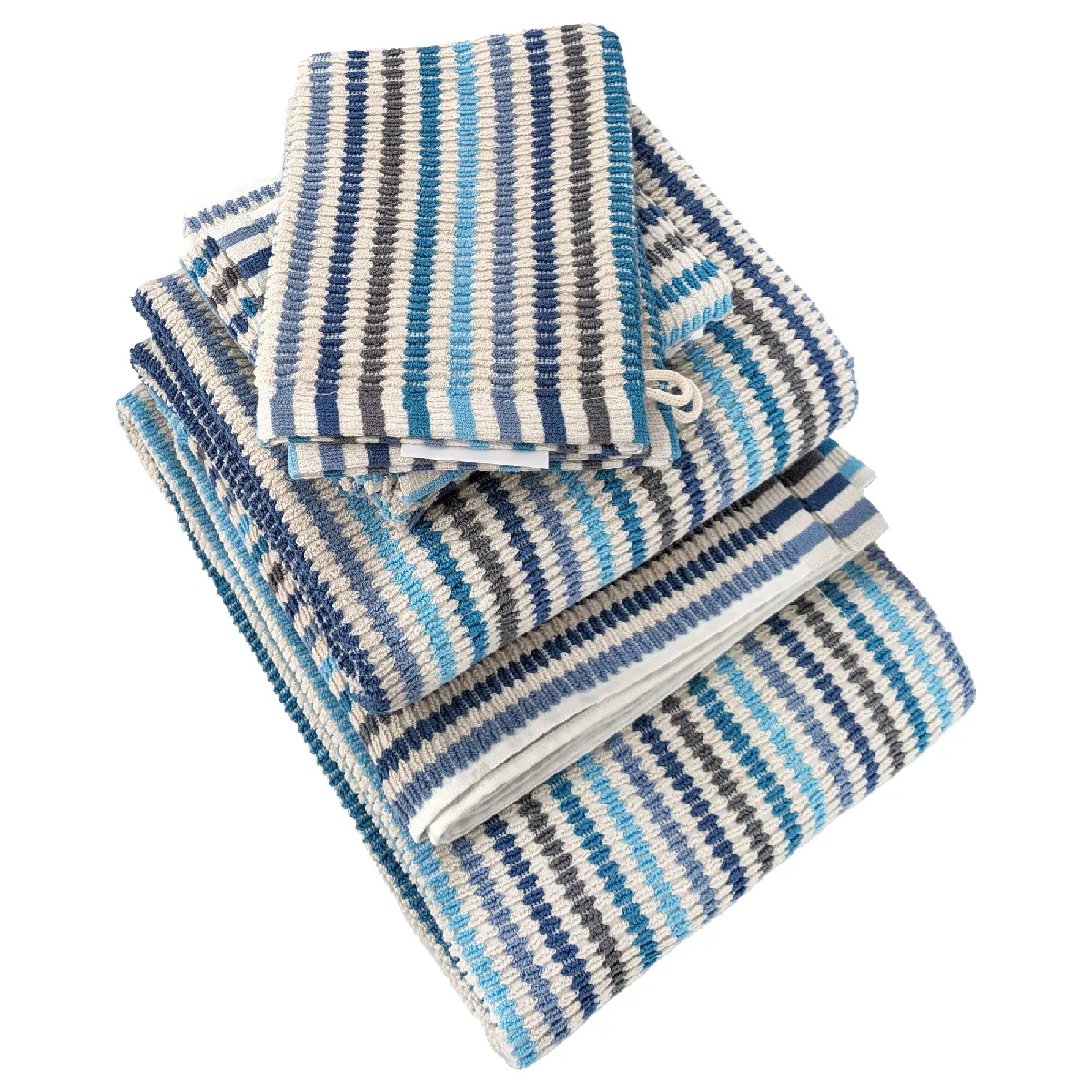 Parure De Bain À Rayures Pur Coton Collection Breeze 7 Pièces Bleu